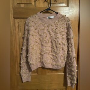 Zara Blush Pink Embellished Crewneck Sweater